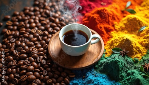 Fototapeta Naklejka Na Ścianę i Meble -  Hot steaming coffee cup on wooden coaster. Roasted coffee beans, vibrant colorful spice powders like turmeric, paprika, matcha tea surround. Star anise adds exotic aroma, creating rich delicious