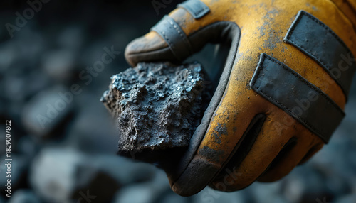 Miner in yellow glove holds dark ore rock. Close up of rough mineral sample. Gloved hand shows extracted raw earth material. Industrial labor and resource discovery.