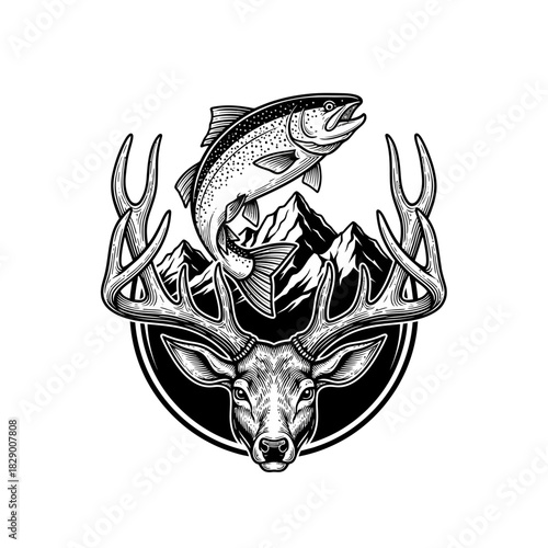 Deer head with antlers and fish above mountain range illustration.