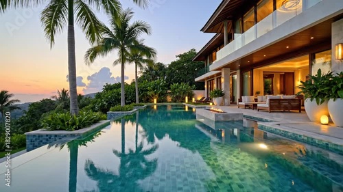 Luxury Tropical Villa with Infinity Pool at Sunset.