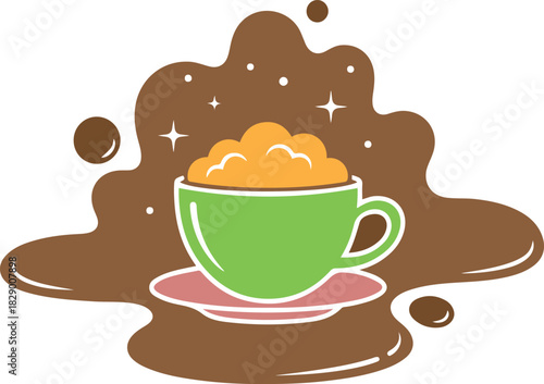 Green coffee cup with frothy orange topping and brown liquid splash with white dots and stars green cup
