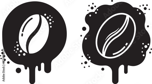 Two black coffee bean icons with dripping liquid and scattered dots on white background black and white