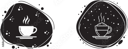 Two black and white graphic icons of steaming coffee cups on saucers within abstract organic shapes