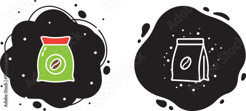 Two hand drawn coffee bean bags one green and red the other white outline on black abstract shapes with dots