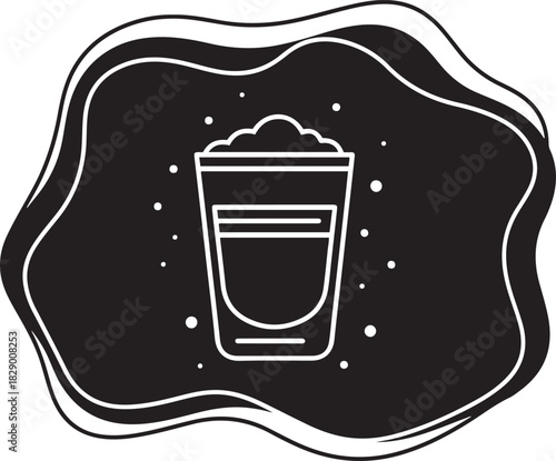 White outline of a shot glass with foam on top and bubbles against a black abstract wavy background