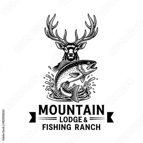 Deer head with antlers and jumping fish in water splash logo.