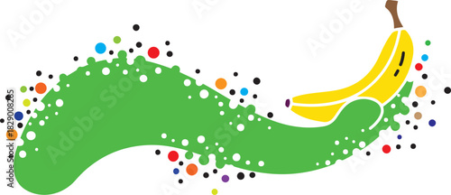 Yellow banana with brown stem surrounded by a green wavy shape and colorful dots fruit food