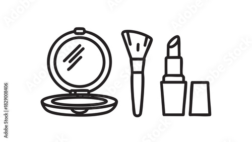 Makeup Essentials Icon Compact Mirror, Brush, and Lipstick - Vector Illustration
