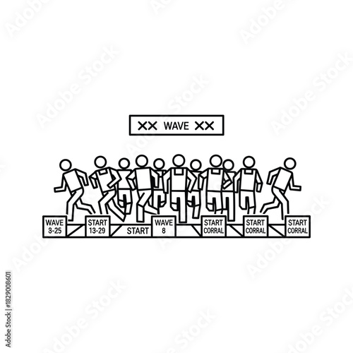 Runners forming up at the start corral in waves for a mass participation race, competition event, line art icon vector.