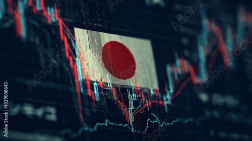 Monitor showing Japanese economy stock market financial data trending down amid global uncertainty and economic pressures in Asia today