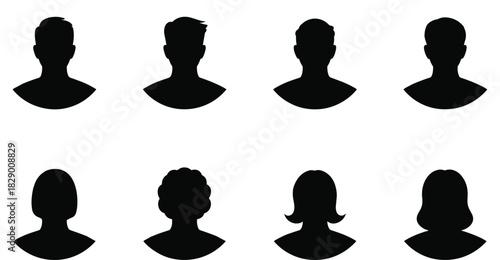 Collection of Eight Black Silhouette Head and Shoulder Profiles on White person