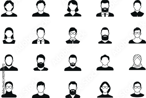 Diverse Male and Female Avatar Icons in Silhouette and Outline Styles profile user