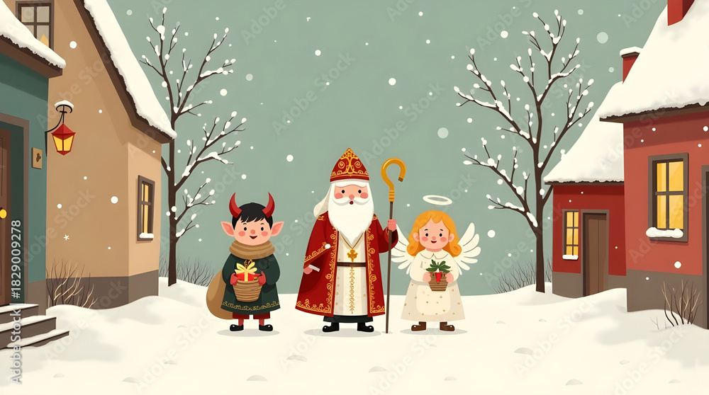 Fototapeta premium St Nicholas with angel and devil in snowy winter village, traditional Czech Mikulas celebration on December 5, festive children’s folklore illustration for holiday season