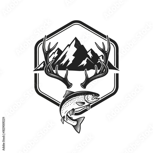 Monochrome Emblem Featuring Fish, Antlers, and Mountains.