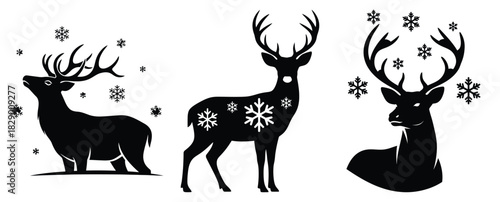 snow deer silhouette icon set. christmas silhouette icons collection with solid styles.