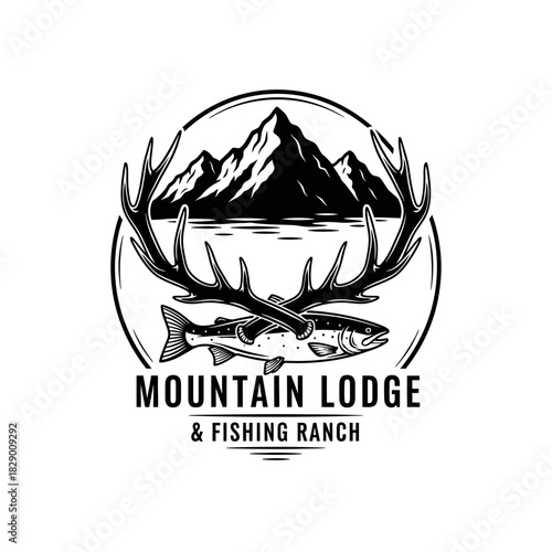 Mountain Lodge and Fishing Ranch Logo Depicting Nature and Outdoor Activities.