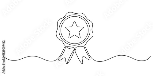 One continuous line drawing of star award badge with ribbon and wavy line. certification, guarantee, achievement concept. minimalist vector art. Vector, illustration