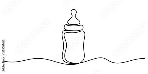 Minimalist single line artwork depicting a baby milk bottle, symbolising infant nutrition, child development, and parental love, clean design. Vector, illustration