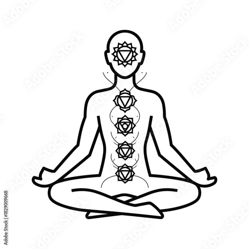 Person meditating in lotus pose with chakra symbols, isolated on white background