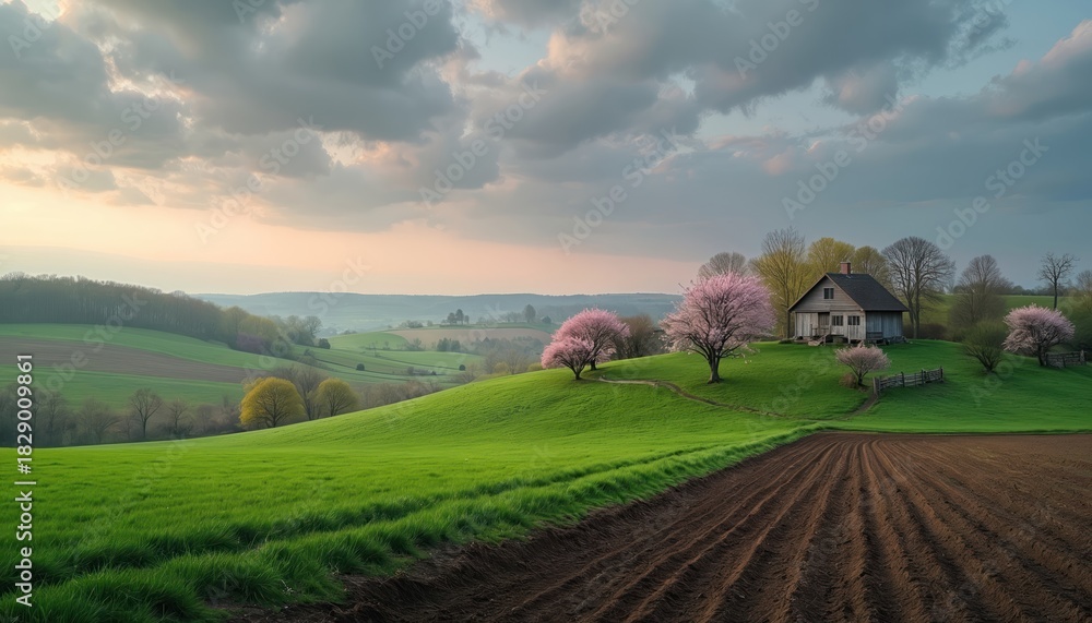 Obraz premium Green rolling hills spread beautiful spring rural landscape view. Small country house stands among blooming pink cherry blossom trees. Freshly plowed farm land fills foreground. Soft light covers