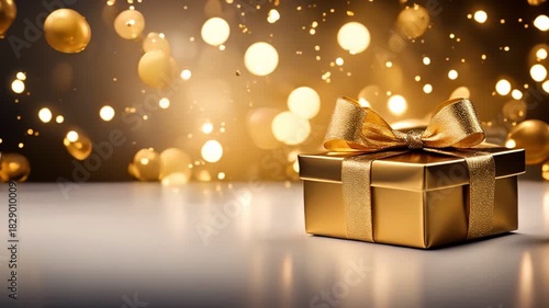 Golden Gift Box with Festive Lights and Christmas Atmosphere