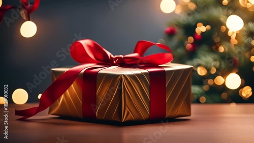 Luxury Christmas Gift Box with Red Ribbon and Holiday Lights