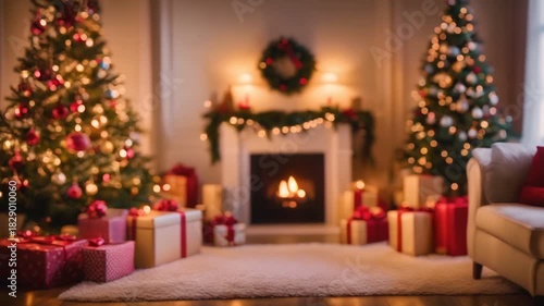 Cozy Christmas Living Room with Fireplace and Holiday Decorations
