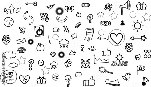 PrintHand Drawn Social Media Communication Icons Vector Set