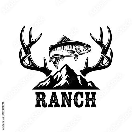 Ranch Logo Featuring Fish, Antlers, and Mountain Silhouette.