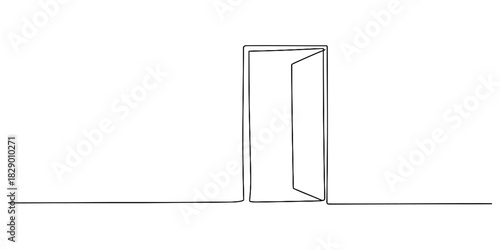 Continuous line drawing of an open door creating a minimalist design on a clear background, symbolizing new opportunities and possibilities in life or business Vector, illustration
