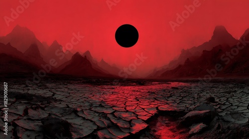 A surreal landscape under a black sun, red mist rising from cracked earth, mountains shaped like screaming faces, oppressive atmosphere 