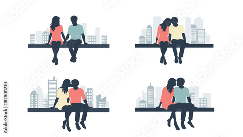 Romantic couples silhouettes sitting against cityscape, love and connection in the city