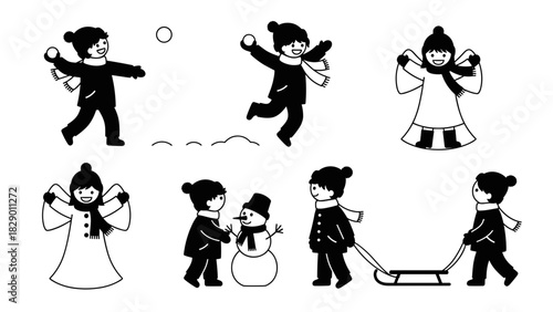 Happy kids playing in the snow, making a snowman and throwing snowballs of winter fun