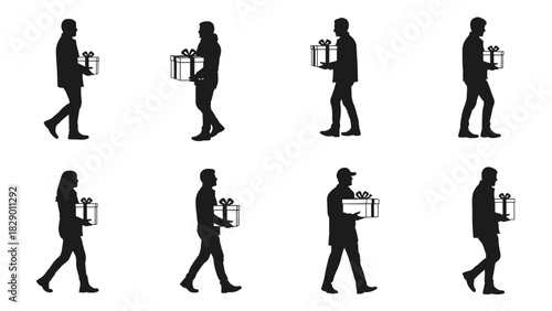 People silhouettes walking with gifts, holiday shopping and delivery concept graphic design