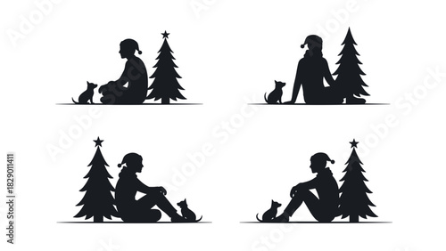 Festive holiday cheer with girl, cat, and Christmas tree silhouette for seasonal designs