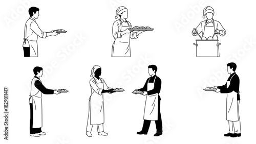 Diverse chefs serve freshly prepared meals, offering culinary delights, ready to serve food