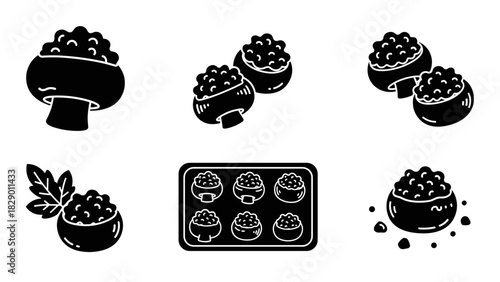 Delicious stuffed mushrooms doodle art, gourmet appetizer or meal preparation idea