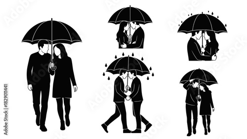 Romantic couples sharing umbrellas in the rain, conveying love and companionship vector