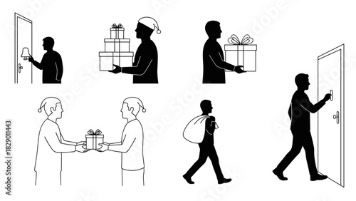 Festive holiday giving season with silhouette people delivering Christmas gifts