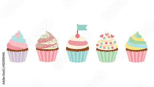 Delightful cupcakes with colorful frosting and sprinkles ready for celebration, vector treats