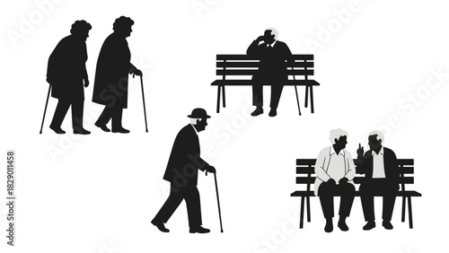 Seniors enjoying life, diverse elderly people with canes sitting, walking, contemplating