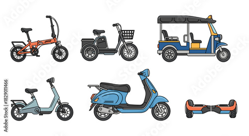 Diverse modern transportation options illustration, electric bikes scooters and auto rickshaw