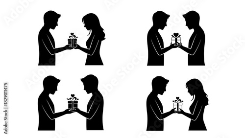 Romantic couple exchanges gift with love, silhouette art for Valentine's Day design