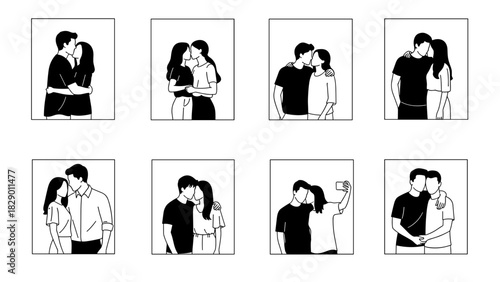 Charming couples embrace, line art collection conveying love, romance, and togetherness