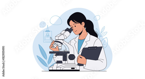 Dedicated scientist using microscope for research, modern science, medical innovation