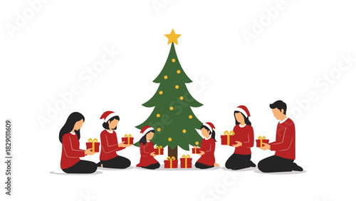 Festive family exchanging Christmas gifts around the decorated tree with joy and love
