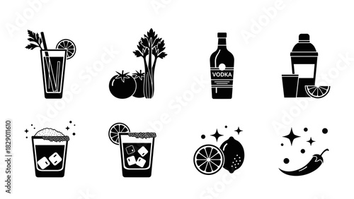 Icon set for Bloody Mary cocktail ingredients, mixology illustration and party invitation