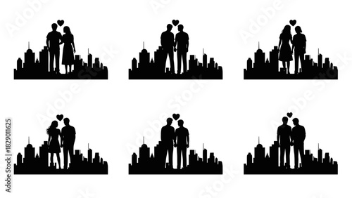 Romantic silhouette couples in love with hearts over city skylines, vector graphic design