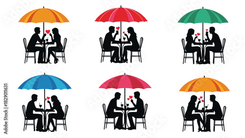 Romantic dates under colorful umbrellas, lovely couples sharing hearts, scalable vector art