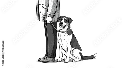 Loyal dog friend sitting attentively beside owner, ready for a walk in the park together